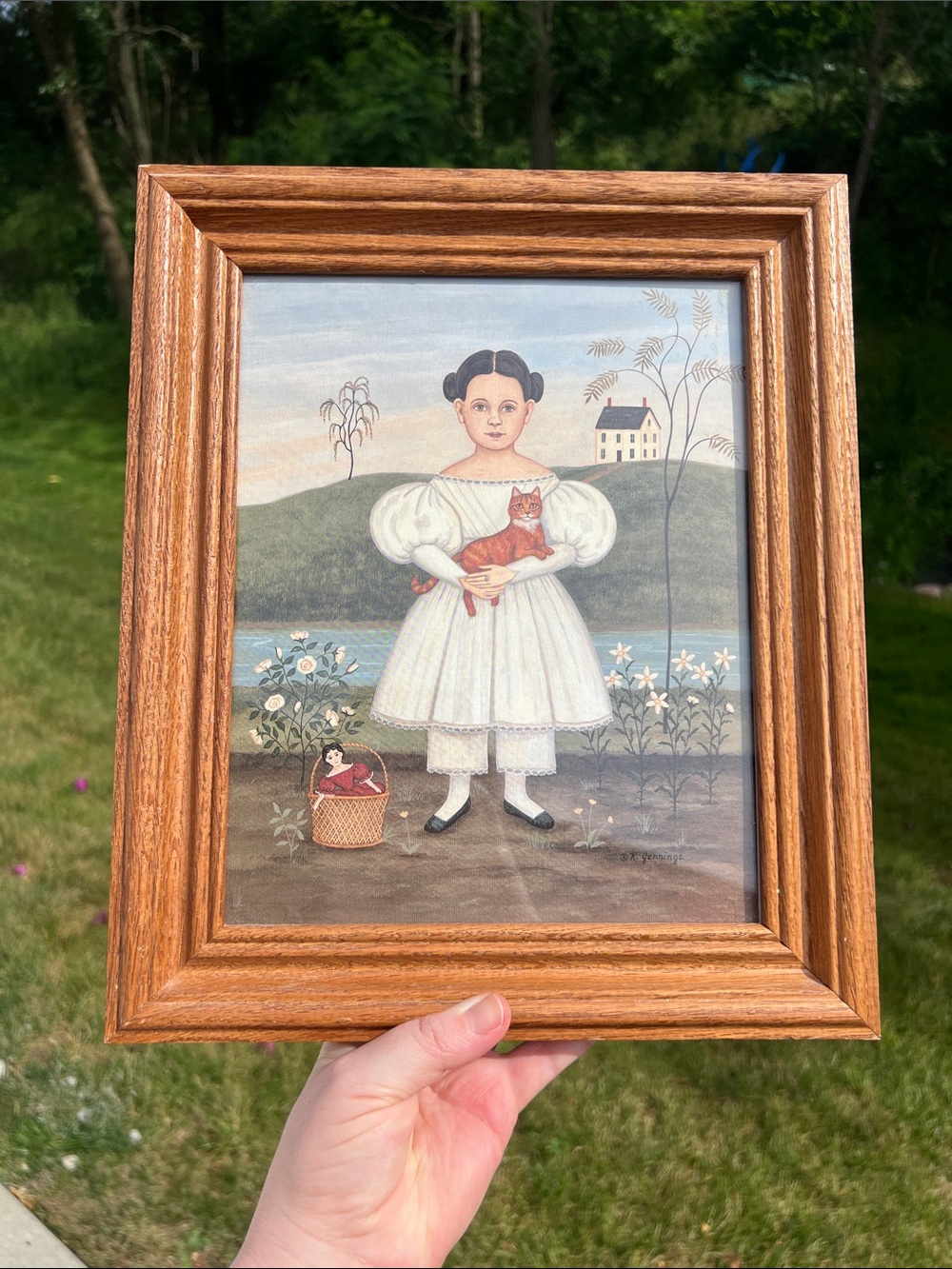 VTG K. Jennings Signed Folk Art Print Framed Girl with Cat Primitive Portrait
